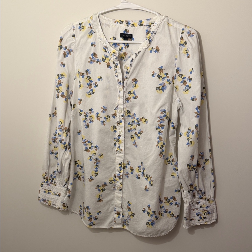 Talbots White Floral Ruffle-Trim Button Blouse